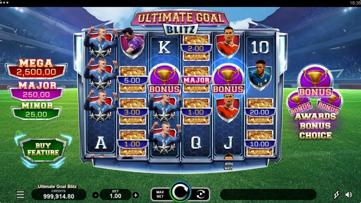 Tampilan visual slot Ultimate Goal Blitz dengan tema stadion sepak bola yang megah